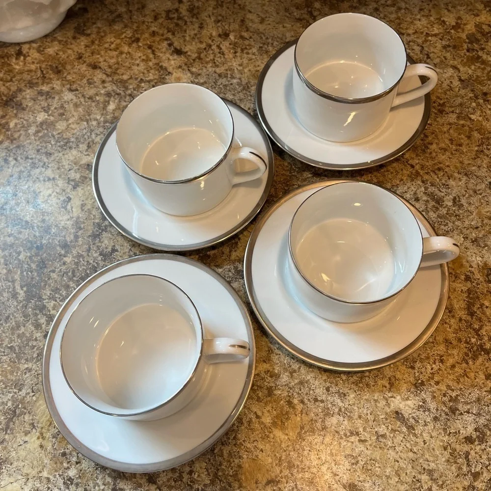 Pier 1 Monno Bangladesh Elegant White and Silver Tea Cups and Saucers Set of 4